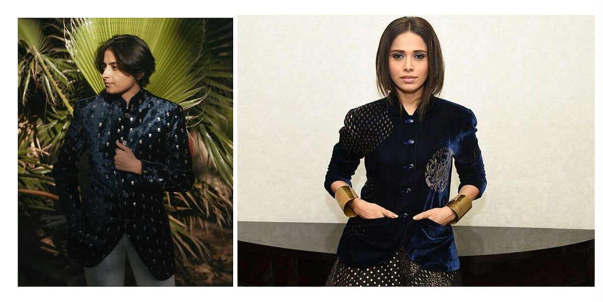 Two photos of people in fashionable attire.