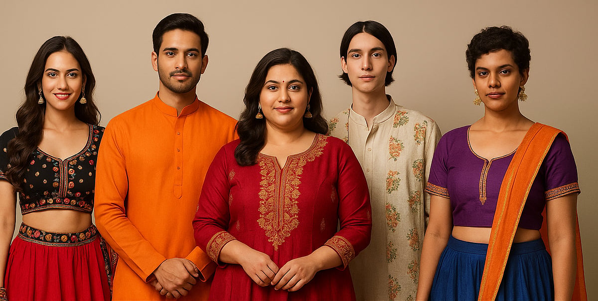 Five individual models, showcasing various Indian ethnic wear outfits.