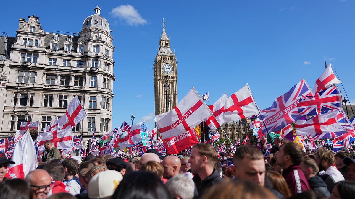 AP Photo/Joanna Chan | : People demonstrate during the Tommy Robinson-led Unite the Kingdom march and rally, in London, Saturday Sept. 13, 2025. | representational image |
