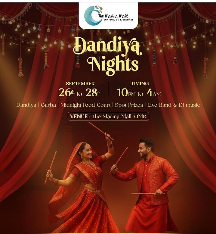 Dandiya Nights poster at Marina Mall, Chennai from Sept 26–28, 10 PM to 4 AM