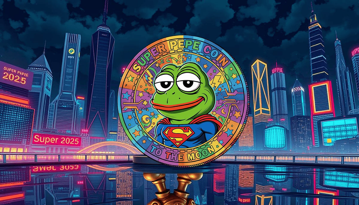 Colorful illustration of a Pepe-themed coin with Superman outfit against a futuristic city backdrop