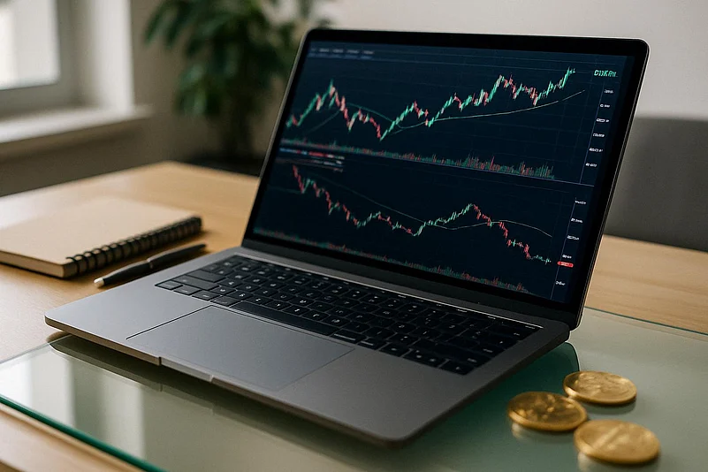 Laptop with crypto charts, gold coins, and a notebook on a desk