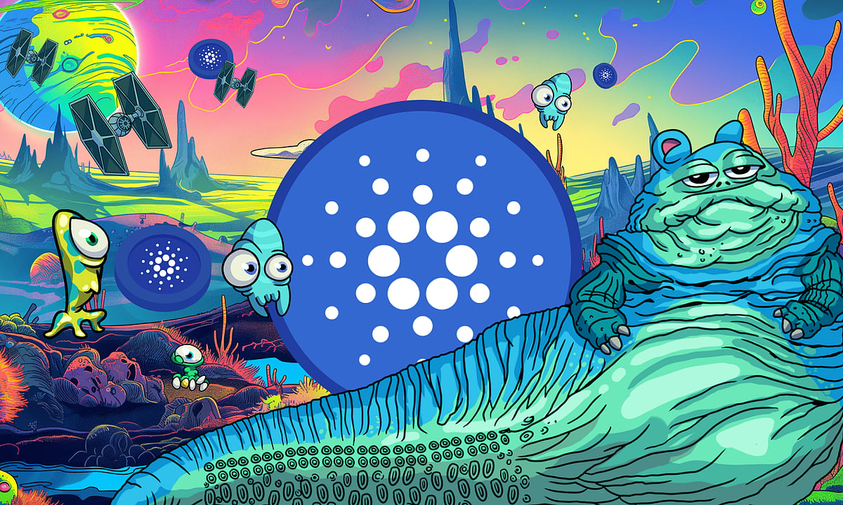 A surreal, vibrant illustration of a giant alien creature lounging next to a Cardano logo