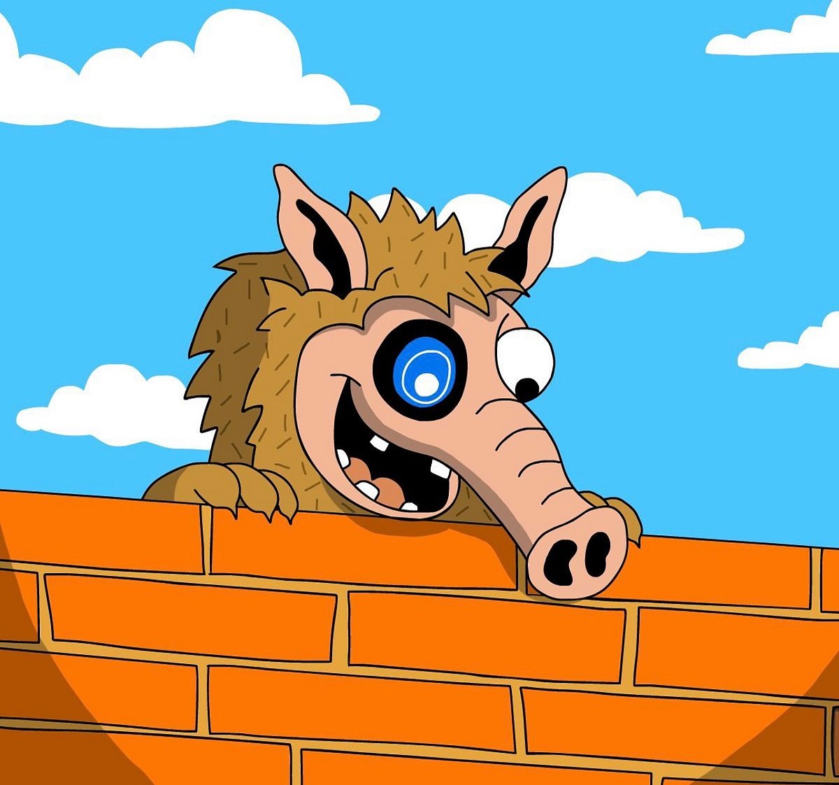 Cartoon wolf with a robotic eye peeking from behind a brick wall under a blue sky