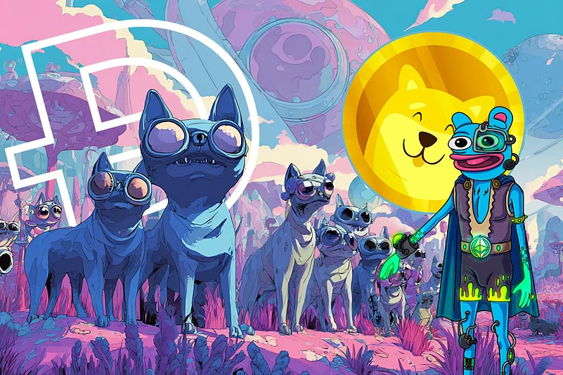 Cyber dogs, Dogecoin coin, and a colorful alien character in a futuristic fantasy world