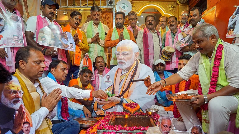 BJP workers perform a special 'havan pujan' at a temple, on the eve of Prime Minister Narendra Modi's 75th birthday, praying for his health and longevity, in Varanasi, Uttar Pradesh, Tuesday, Sept. 16, 2025. - - PTI |