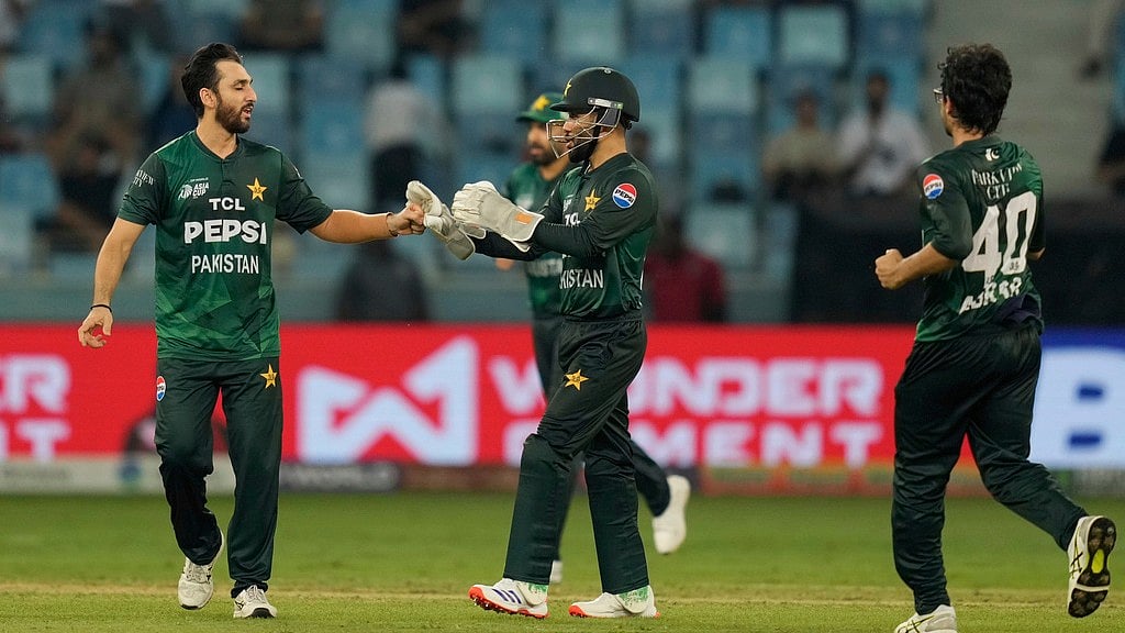 Photo: AP : Pakistan Vs UAE Highlights, Asia Cup: PAK celebrate a wicket in Dubai.