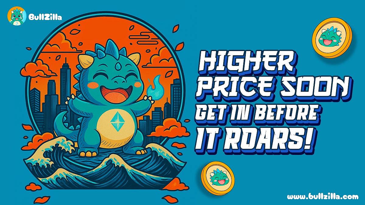 Cartoon dino with crypto logo and text: Higher price soon, get in before it roars!