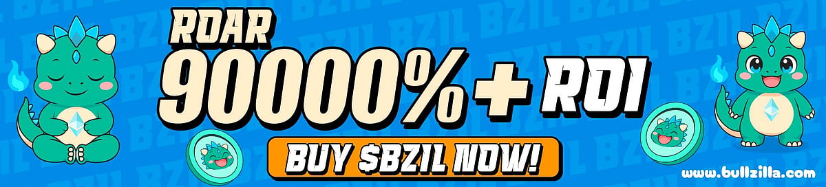 Dino with “90000%+ ROI” and “Buy $BZIL Now!” text on blue background
