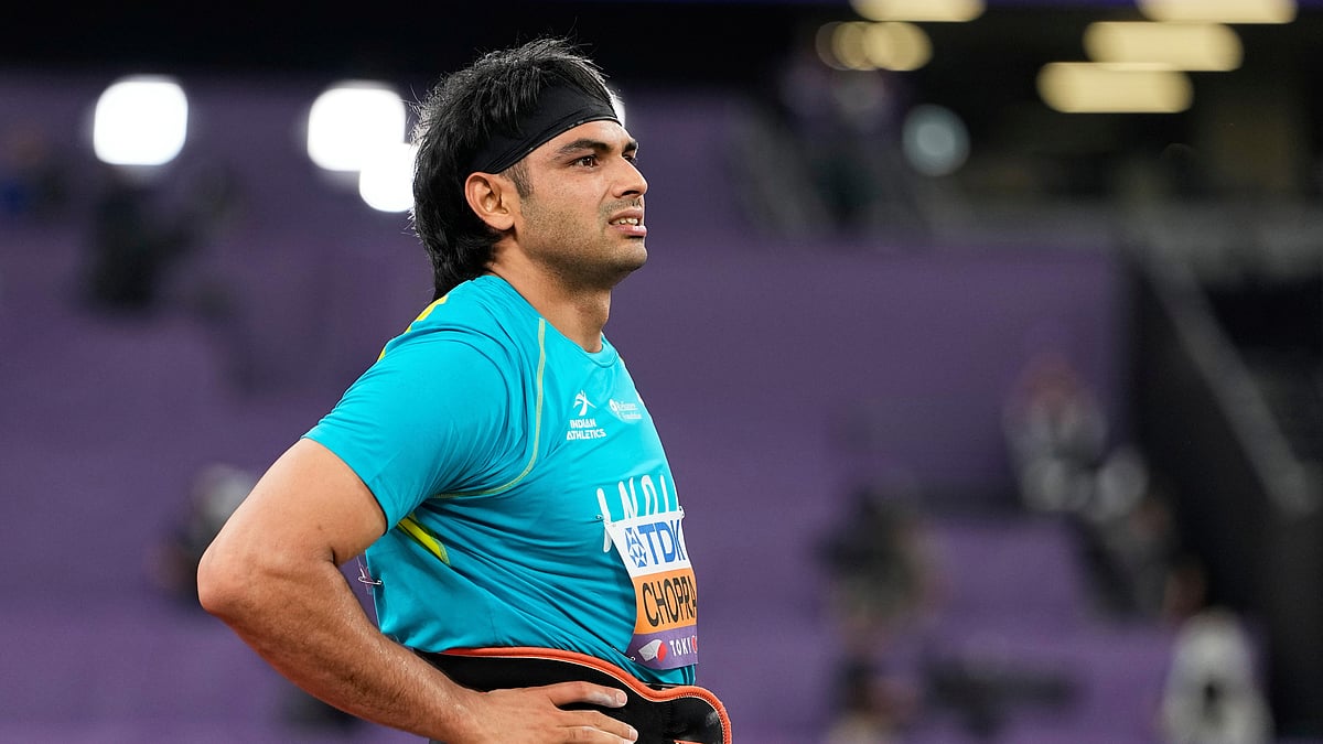 (AP Photo/Ashley Landis) : India's Neeraj Chopra reacts in the men's javelin throw qualification at the World Athletics Championships in Tokyo, Wednesday, Sept. 17, 2025.