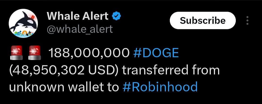 Ehale Alert: 188M Dogecoin Transferred to Robinhood