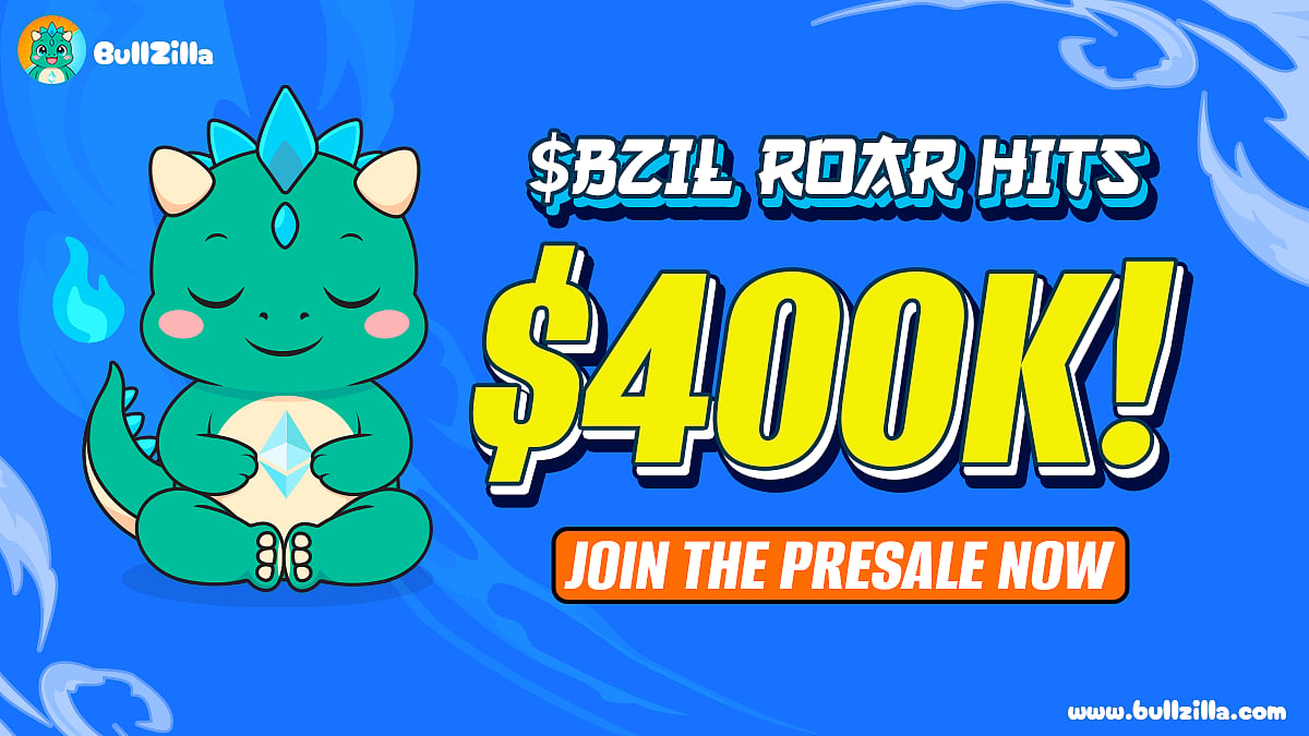A digital ad with a cartoon bull and text says $BZIL ROAR HITS $400K! JOIN THE PRESALE NOW.