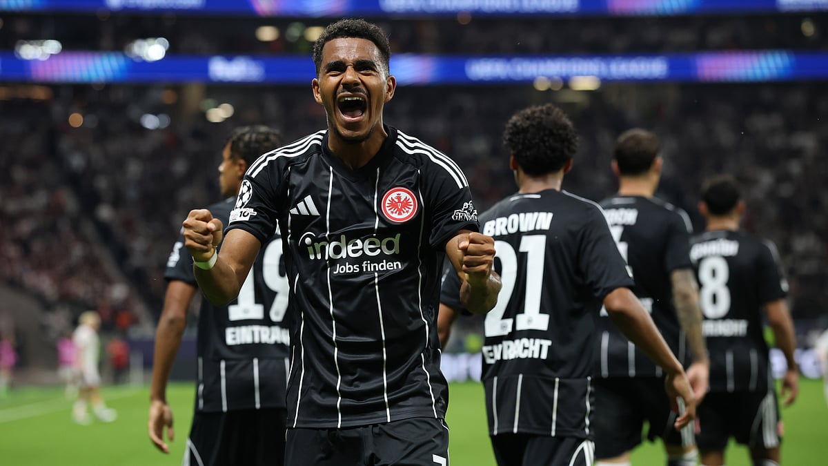 Ansgar Knauff celebrates after scoring for Eintracht Frankfurt