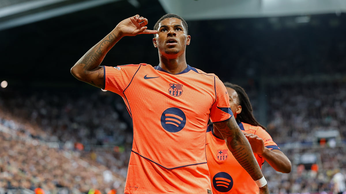 Marcus Rashford celebrates after scoring his second goal against Newcastle United.