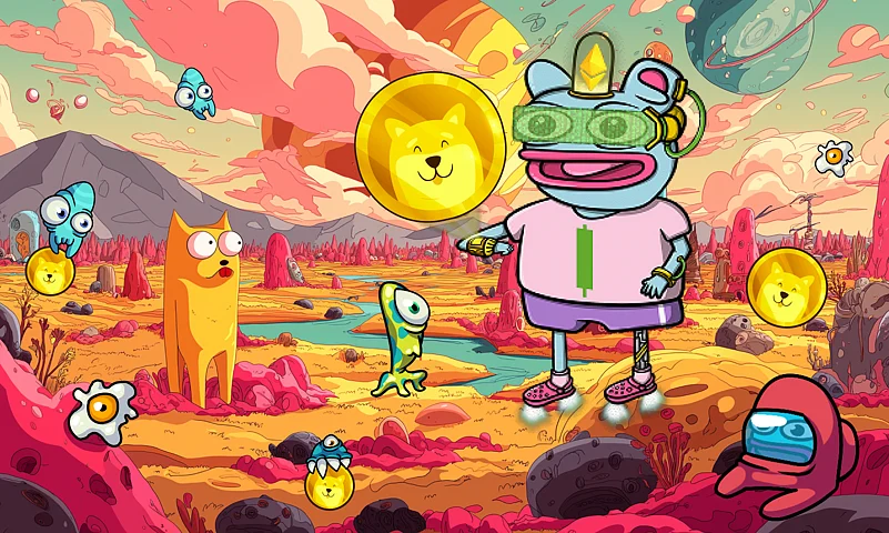 Cartoon illustration of Layer Brett and other meme coins