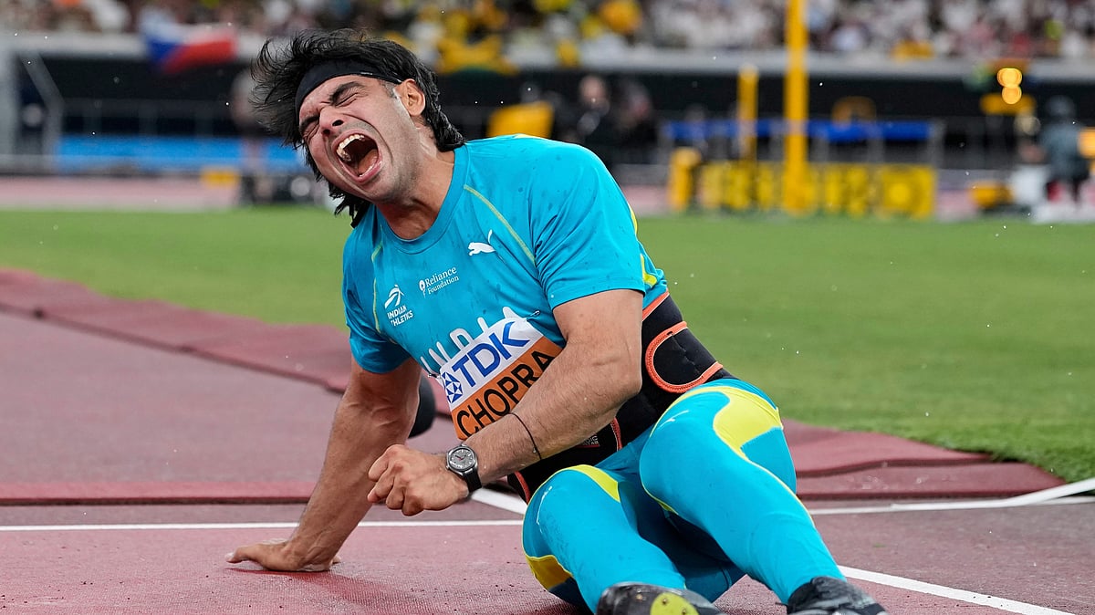 (AP Photo/Ashley Landis) : India's Neeraj Chopra reacts in the men's javelin throw final at the World Athletics Championships in Tokyo, Thursday, Sept. 18, 2025. 