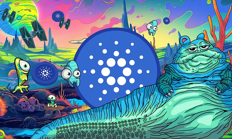Cardano art: Blue planet with logo , aliens, and spaceships in an colorful , surreal landscape.jpg