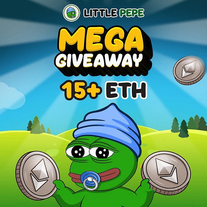 A graphic for a Little Pepe Mega Giveaway showing a Pepe coin with Ethereum coins