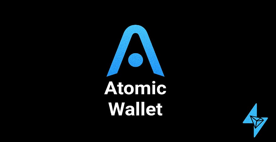 Atomic Wallet logo on a black background with blue gradient design and text Atomic Wallet