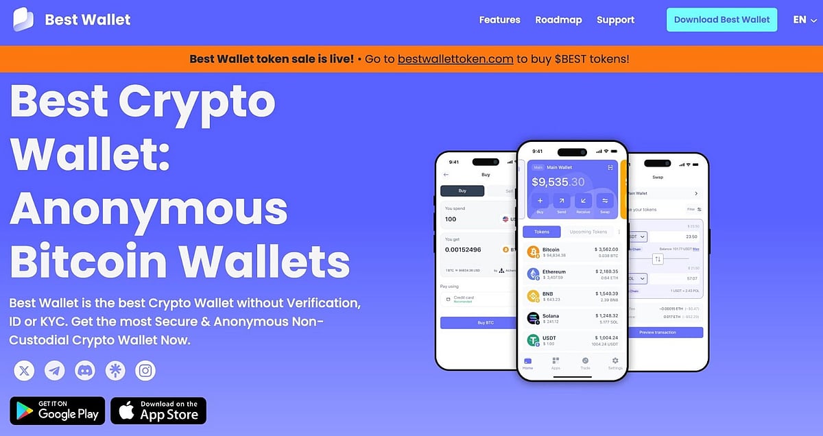 Promotional banner for Best Wallet app showing Best Crypto Wallet: Anonymous Bitcoin Wallets text
