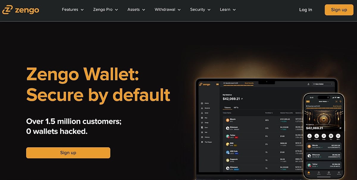 Zengo Wallet promo highlighting security, zero hacks, and user-friendly interface