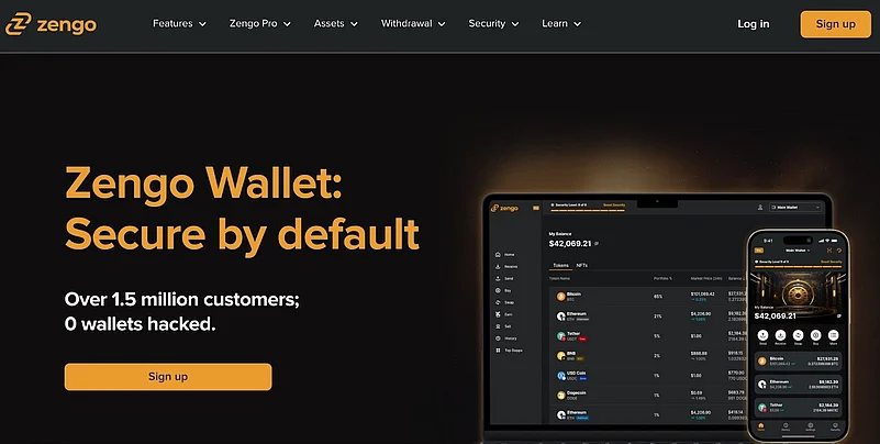Zengo Wallet promo highlighting security, zero hacks, and user-friendly interface