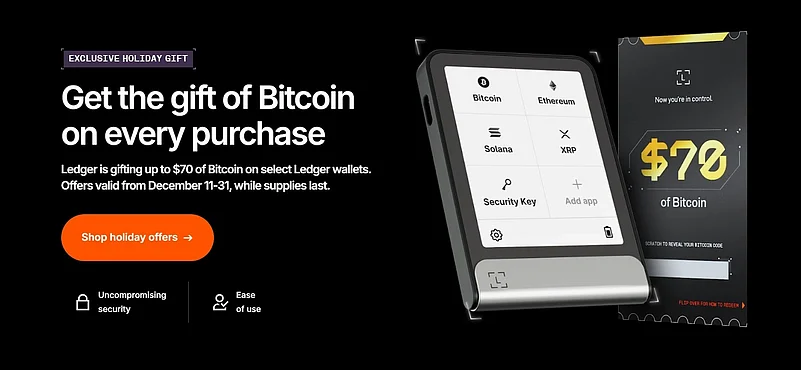 Ledger holiday promo offering up to $70 in Bitcoin with select crypto wallet purchases, limited time
