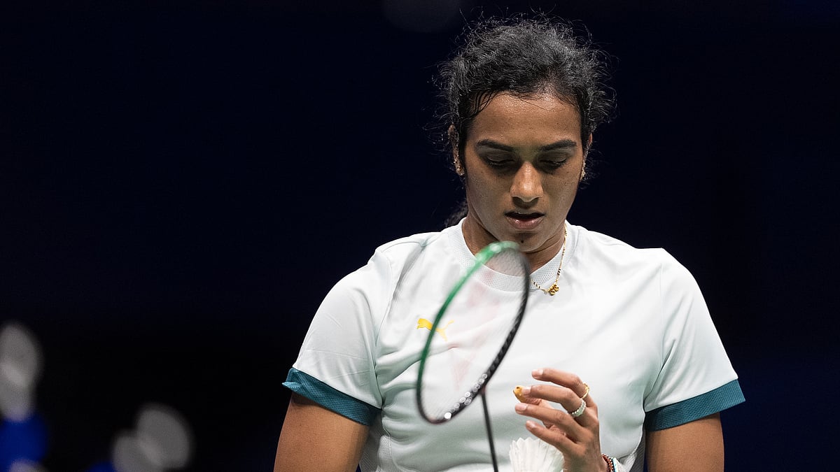 | Photo: X/BAI_Media : PV Sindhu reacts during the China Masters 2025 women's singles first-round match against Julie Jakobsen.