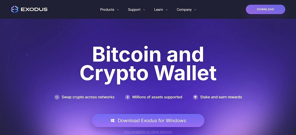 Exodus homepage showcasing Bitcoin and crypto wallet with swap, staking, and multi-asset support