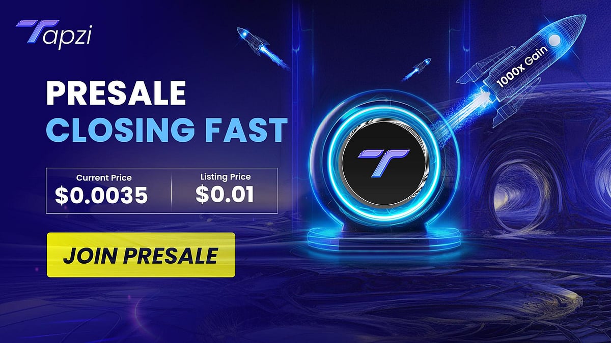 An ad for a Tapzi crypto presale, showing a rocket and a glowing Tapzi coin logo.