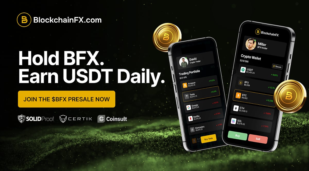 Ad banner promoting BFX token with daily USDT rewards and mobile app preview.
