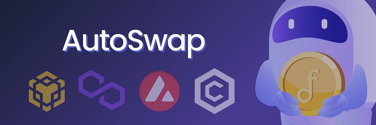 A futuristic robot holding a cryptocurrency coin with the text AutoSwap and several logos
