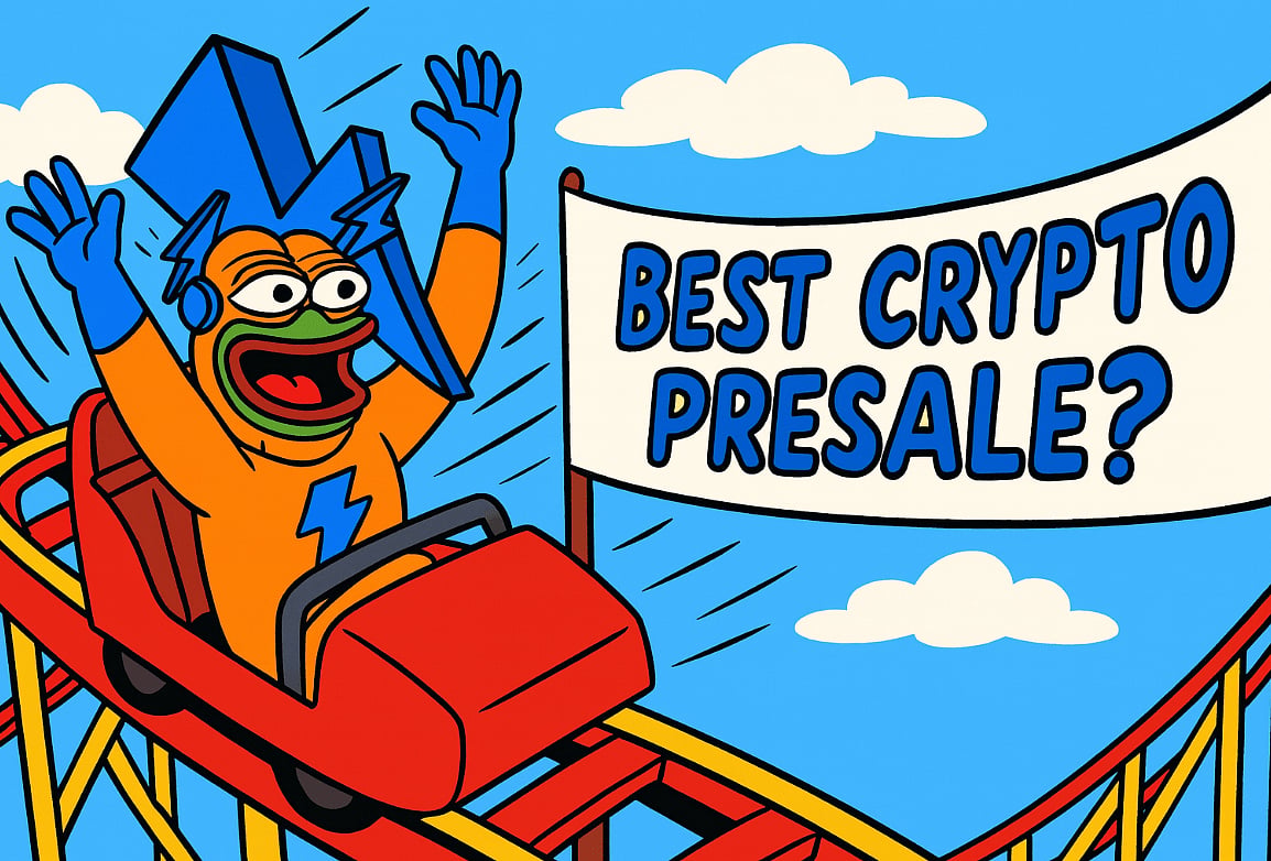 A cartoon frog on a rollercoaster, with a banner in the background that reads BEST CRYPTO PRESALE?