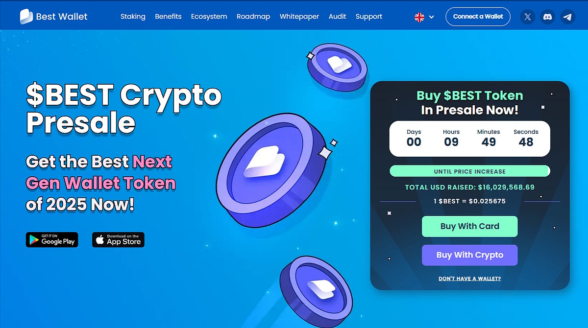 $BEST Crypto Presale advertisement with Next Gen Wallet Token of 2025 and purchase options.