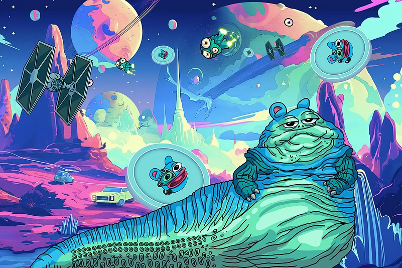 Colorful sci-fi scene with space frogs, planets, ships, and a large frog-like creature on a planet