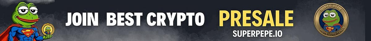 Pepe coin ad with SuperPepe mascot promoting a crypto presale