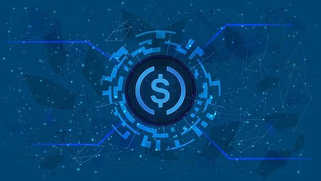 Digital illustration of a dollar currency symbol in a glowing futuristic blue circuit design