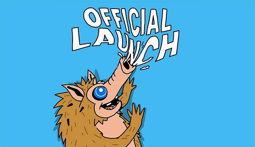 A cartoon anteater-like creature with a cursor pointing to its face and OFFICIAL LAUNCH above it