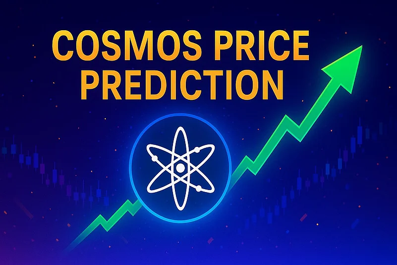 Cosmos price prediction with rising green arrow and Cosmos logo symbol on dark background