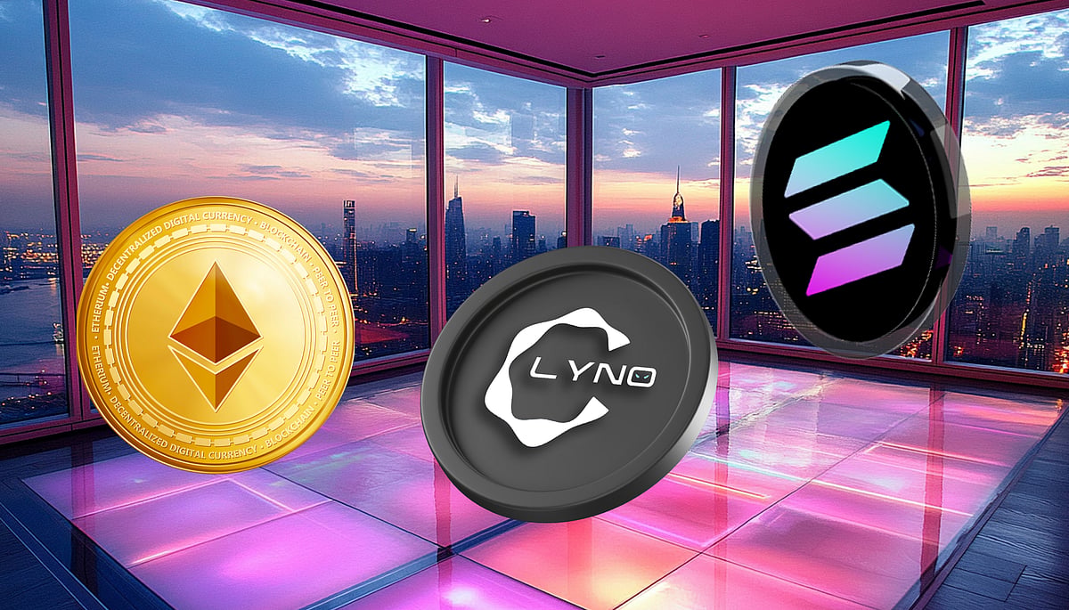 Three floating cryptocurrency coins (Ethereum, Lyno, and Solana) in a high-rise office