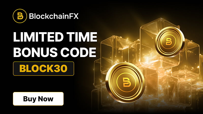 BlockchainFX promo with limited time bonus code BLOCK30 and golden crypto coins glowing