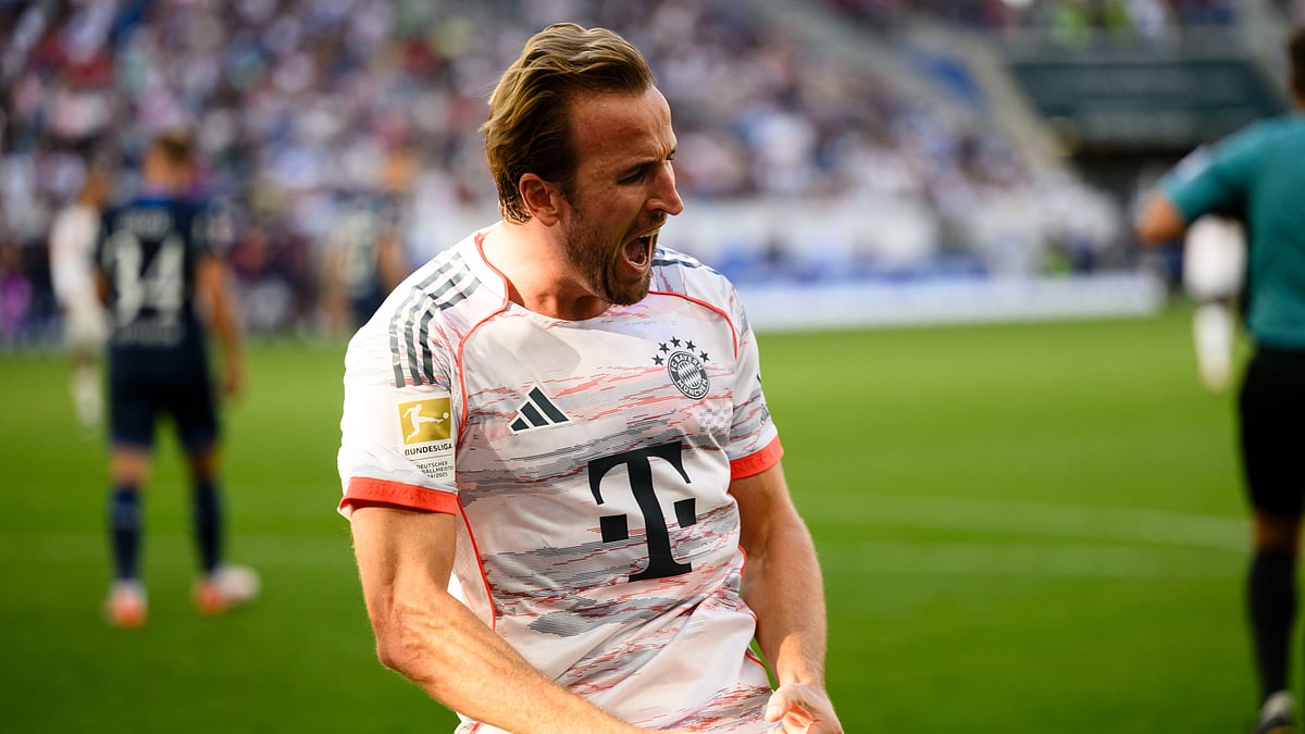 File : File photo of Harry Kane celebrating his goal for Bayern Munich.