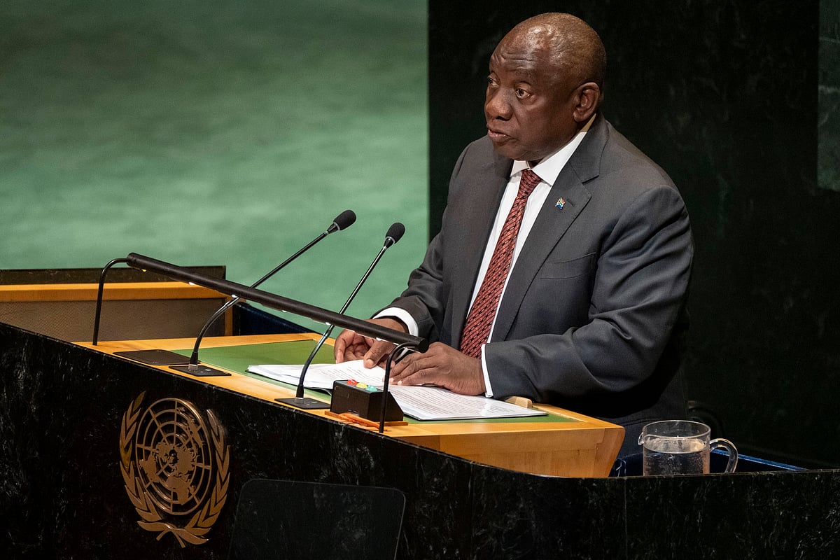 | AP Photo/Yuki Iwamura) : South Africa's President Cyril Ramaphosa speaks during a high-profile meeting at the United Nations aimed at galvanizing support for a two-state solution to the Israeli-Palestinian conflict Monday, Sept. 22, 2025, at UN headquarters.