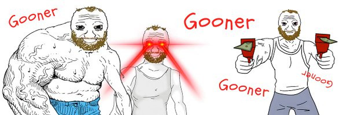 Meme image featuring three variations of the Wojak character labeled Gooner