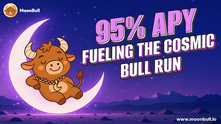 Moon bull crypto presale advertisement with cartoon bull on moon, 95% APY text.