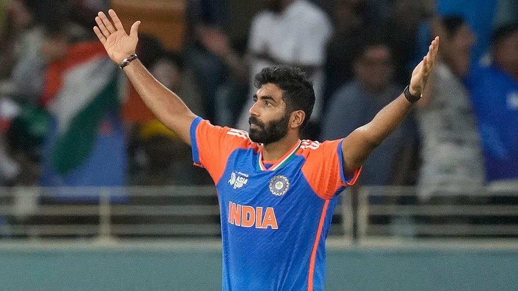 AP : India's Jasprit Bumrah celebrates after taking the catch of Pakistan's Saim Ayub during the Asia Cup final at Dubai International Cricket Stadium.