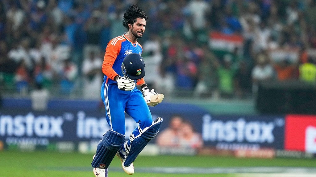 AP : Tilak Varma celebrates after India win the Asia Cup final against Pakistan at Dubai International Cricket Stadium.