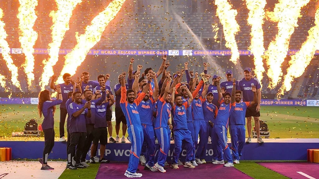 AP/Altaf Qadri : Team India celebrates after winning the Asia Cup cricket final against Pakistan at Dubai International Cricket Stadium