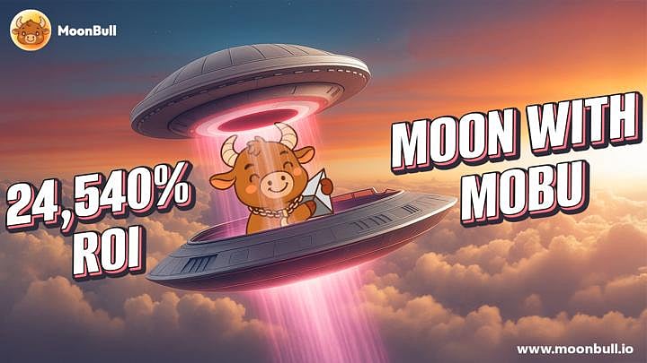 MoonBull crypto ad; a bull in a spaceship with text  ROI, Moon with Mobu
