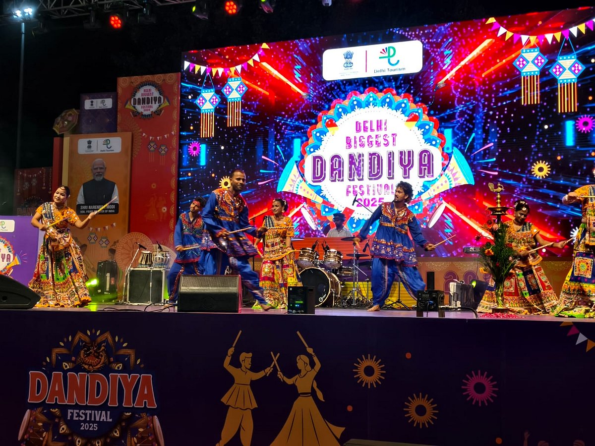 Dandiya dancers performing on stage